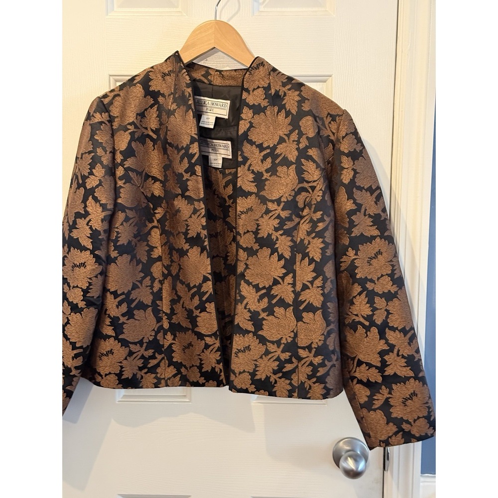 Vintage Jess Howard Petite Brown Black Floral Blazer Size 12P Formal Granny